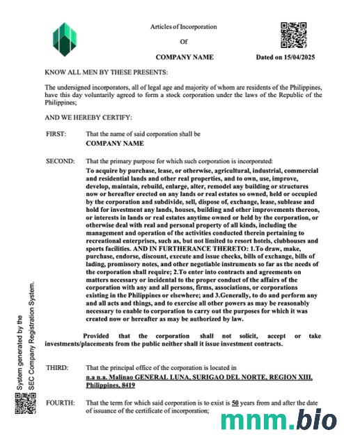 Philippines vcertyfikat of company inkorporacja Word i szablon PDF